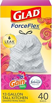 Glad Tall Kitchen Quick-Tie Trash Bags, OdorShield 13 Gallon White Trash Bag, Gain Moonlight Breeze with Febreze Freshness, 40 Count (Package May Vary)