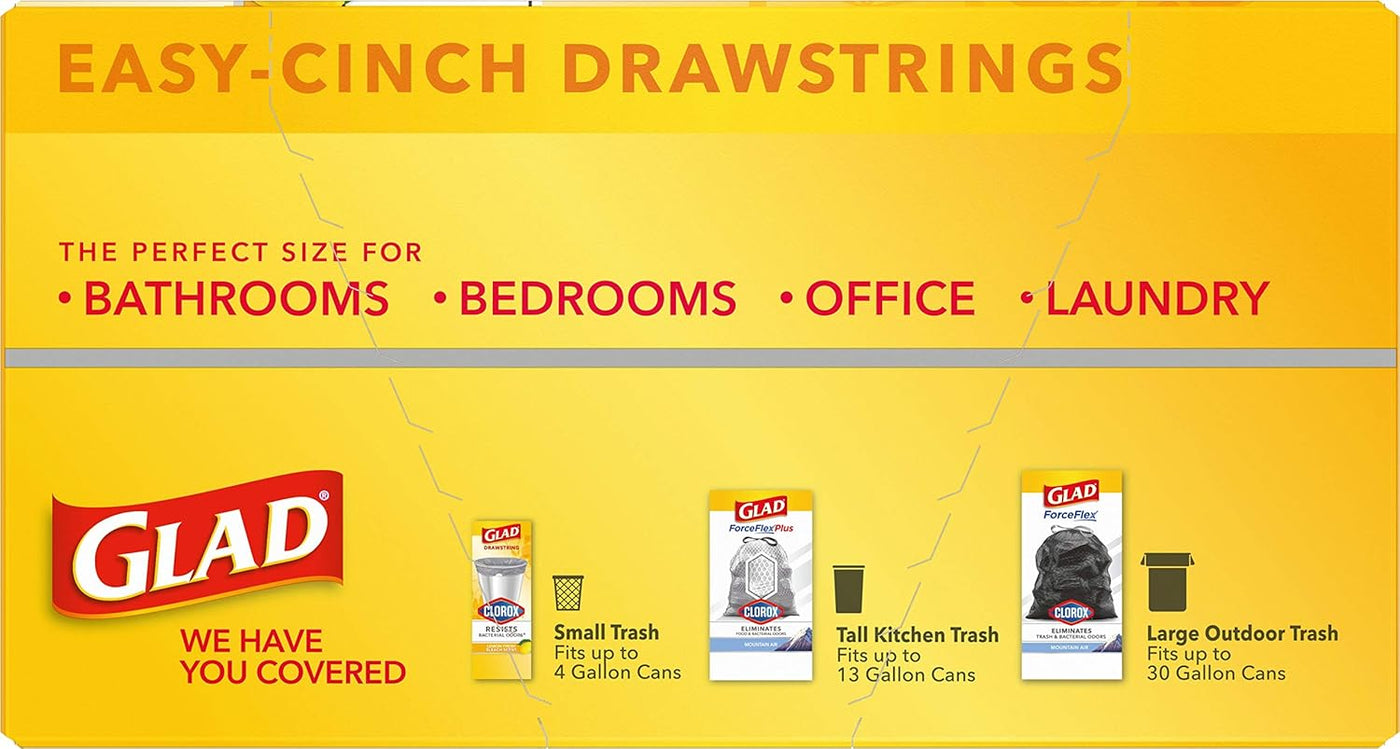 Glad Small Trash Bags 4 Gallon, Lemon Fresh Bleach Garbage Bags, Odor Resistant with Drawstring, 80 Count