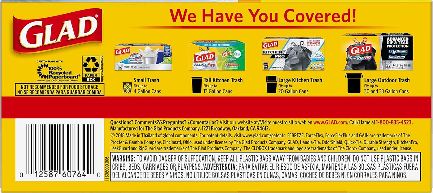 Glad Tall Kitchen Trash Bags 13 Gallon, Unscented Garbage Bags, Handle-Tie, 50 Count