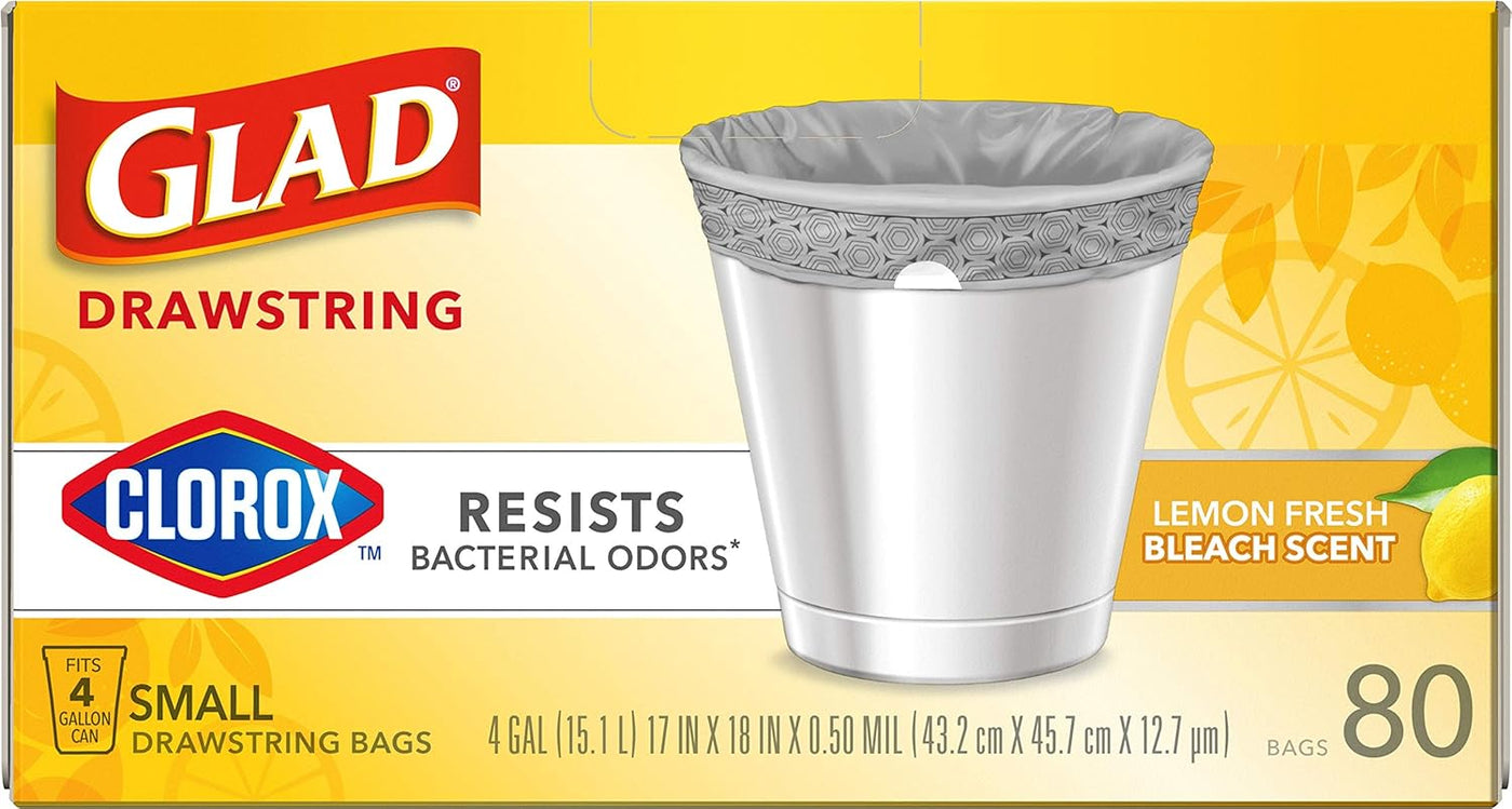 Glad Small Trash Bags 4 Gallon, Lemon Fresh Bleach Garbage Bags, Odor Resistant with Drawstring, 80 Count