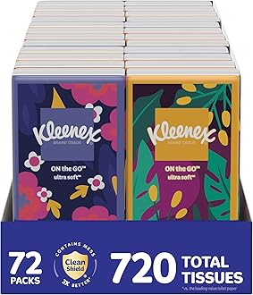 Kleenex On-The-Go Facial Tissues, 72 On-The-Go Packs (3 Trays of 24 Packs), 10 Tissues per Box (720 Total), 3-Ply, Packaging May Vary