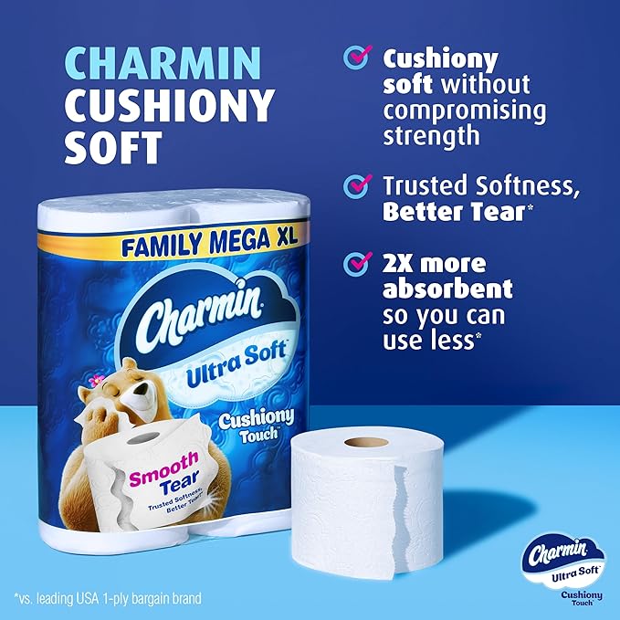 Charmin Toilet Paper Ultra Soft Cushiony Touch, 18 Family Mega XL Rolls = 126 Regular Rolls