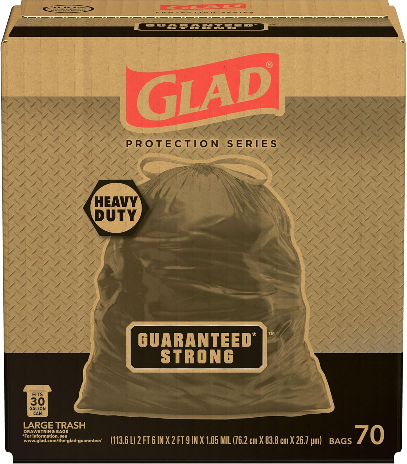 Glad Protection Series Large 30 Gallon Trash Bags, Unscented Heavy Duty Garbage Bags, with Drawstring, 70 Count (Packaging May Vary)