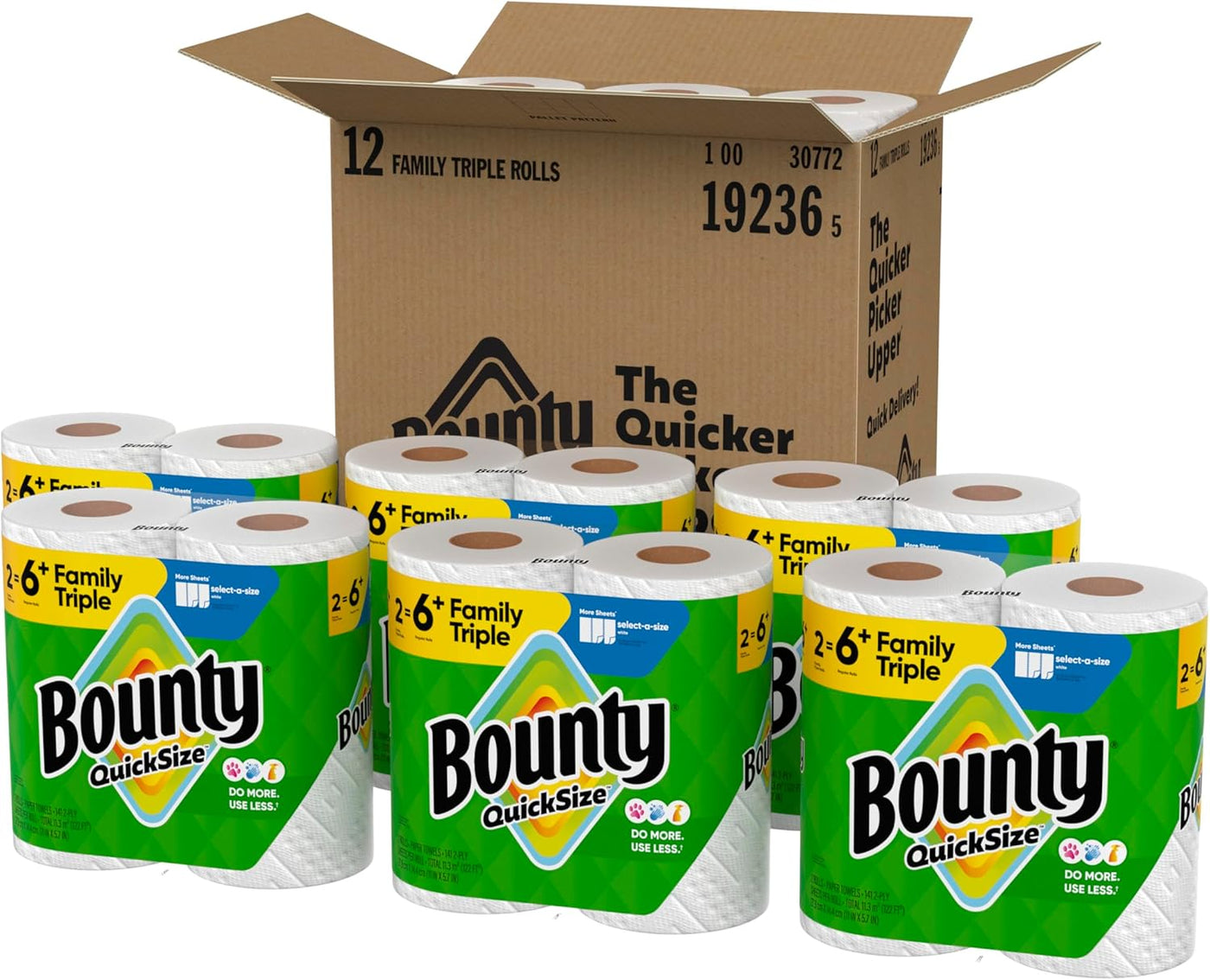 Bounty Quick-Size Paper Towels, White, 12 Family Triple Rolls = 40 Regular Rolls