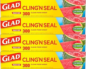 Glad Cling N Seal Plastic Wrap for Food, Airtight Seal, 300 Square Foot Roll (Pack of 4)