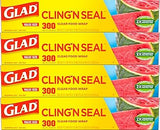 Glad Cling N Seal Plastic Wrap for Food, Airtight Seal, 300 Square Foot Roll (Pack of 4)