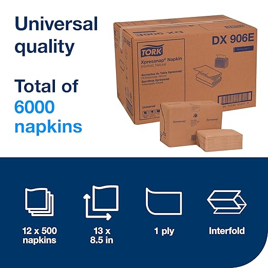 Tork Xpressnap Natural Dispenser Napkin N4, Universal, Interfold 1-ply, 13" x 8.5", 12 x 500 napkins, DX906E