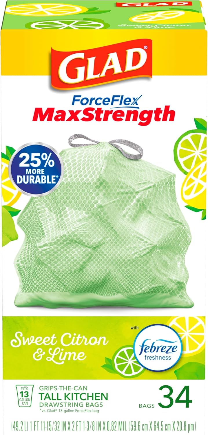 Glad ForceFlex MaxStrength Tall Kitchen Drawstring Trash Bags, 13 Gallon, Sweet Citron Lime with Febreze Freshness, 34 Count, Package May Vary
