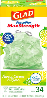 Glad ForceFlex MaxStrength Tall Kitchen Drawstring Trash Bags, 13 Gallon, Sweet Citron Lime with Febreze Freshness, 34 Count, Package May Vary