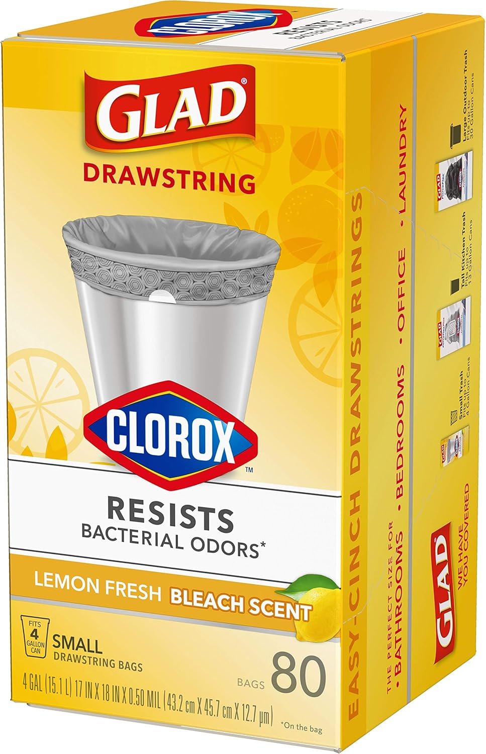 Glad Small Trash Bags 4 Gallon, Lemon Fresh Bleach Garbage Bags, Odor Resistant with Drawstring, 80 Count