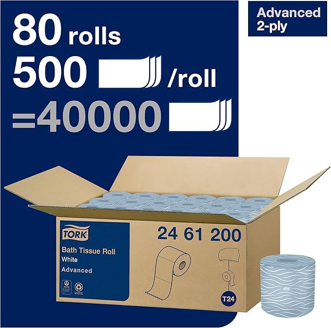 Tork Advanced Toilet Paper Roll, White, Compatible with T24 Dispensers, 2-ply, Soft Tissue, 80 rolls x 500 sheets (2461200)