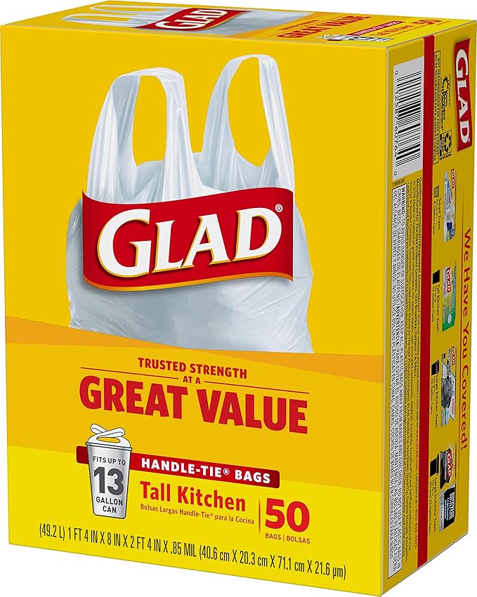 Glad Tall Kitchen Trash Bags 13 Gallon, Unscented Garbage Bags, Handle-Tie, 50 Count