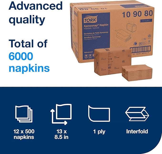 Tork Xpressnap® White Dispenser Napkin N4, One-at-a-Time Dispensing,1-ply, 1/4 Fold, 13" x 8.5 ", 12 x 500 Napkins, 109080