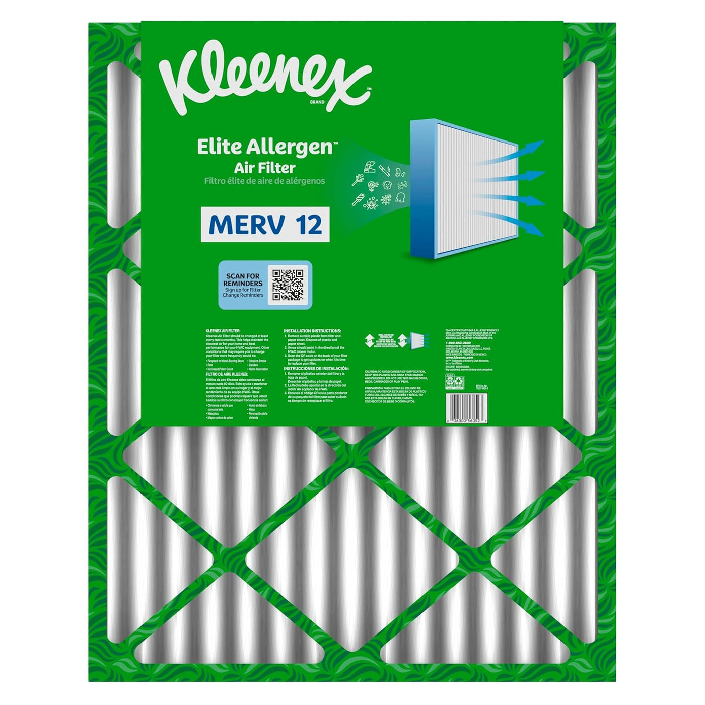 Kleenex Elite Allergen Air Filter 20x25x4 Inches - 12 MERV RATING (2-Pack)