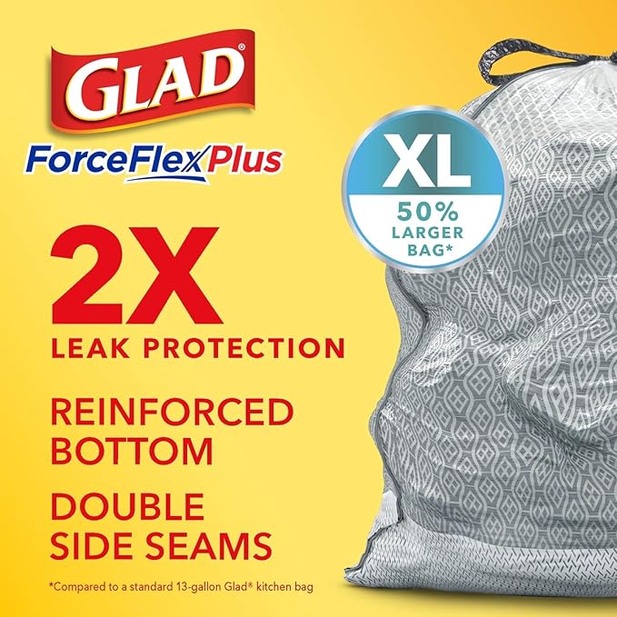 Glad Trash Bags, Force Flex Kitchen Pro Drawstring Garbage Bags, Fresh Clean, 80 Count