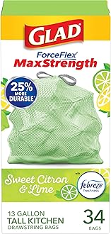 Glad ForceFlex MaxStrength Tall Kitchen Drawstring Trash Bags, 13 Gallon, Sweet Citron Lime with Febreze Freshness, 34 Count, Package May Vary