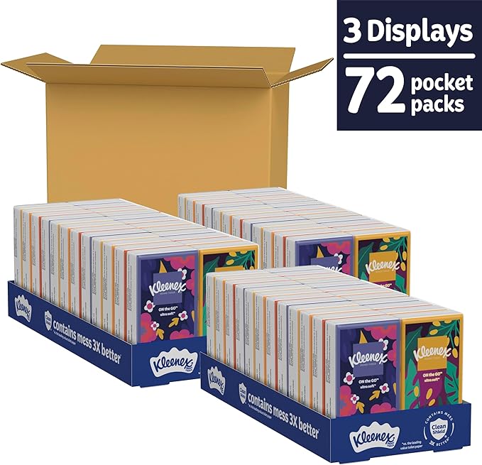 Kleenex On-The-Go Facial Tissues, 72 On-The-Go Packs (3 Trays of 24 Packs), 10 Tissues per Box (720 Total), 3-Ply, Packaging May Vary