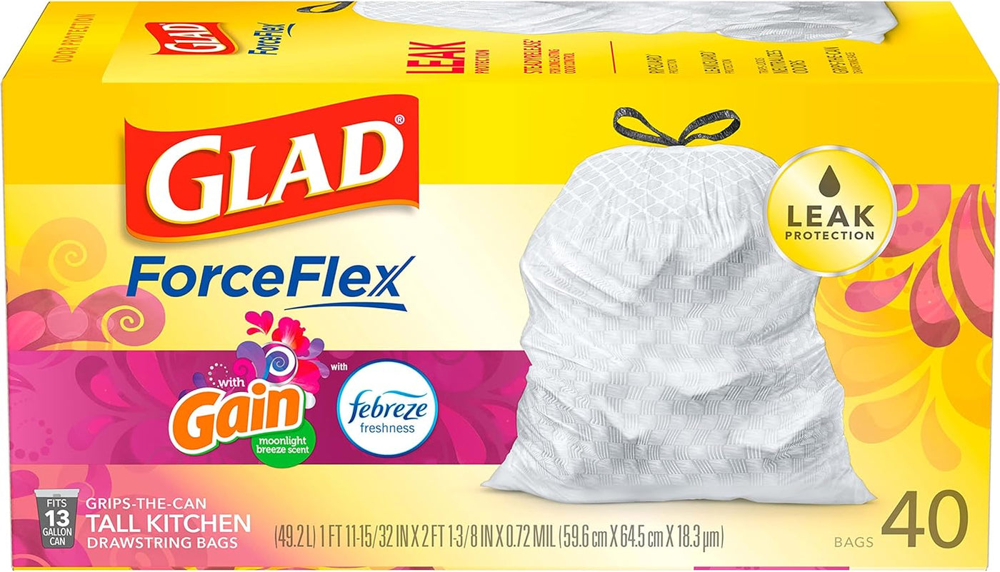 Glad Tall Kitchen Quick-Tie Trash Bags, OdorShield 13 Gallon White Trash Bag, Gain Moonlight Breeze with Febreze Freshness, 40 Count (Package May Vary)