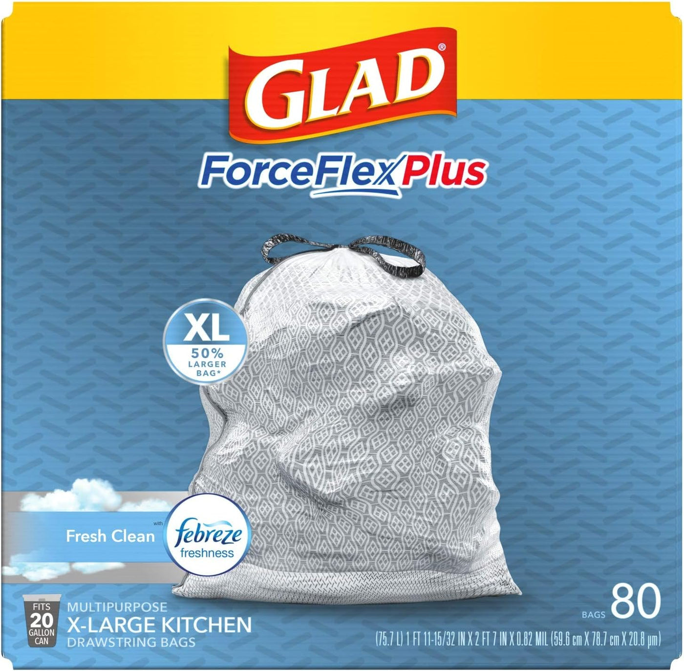 Glad Trash Bags, Force Flex Kitchen Pro Drawstring Garbage Bags, Fresh Clean, 80 Count