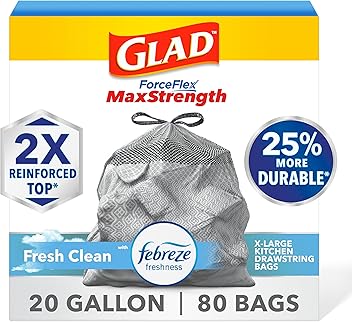 Glad ForceFlex MaxStrength Kitchen Trash Bags, 20 Gal, Fresh Clean Febreze, 80 Ct (Package May Vary)
