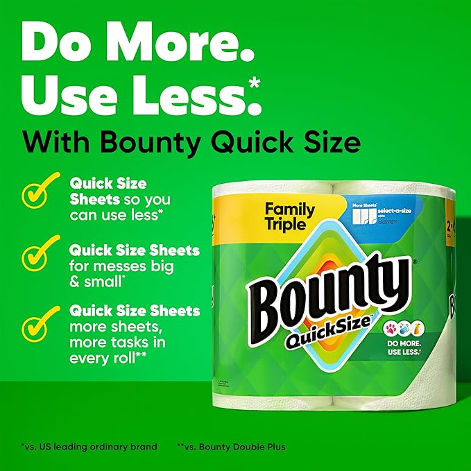 Bounty Quick-Size Paper Towels, White, 12 Family Triple Rolls = 40 Regular Rolls