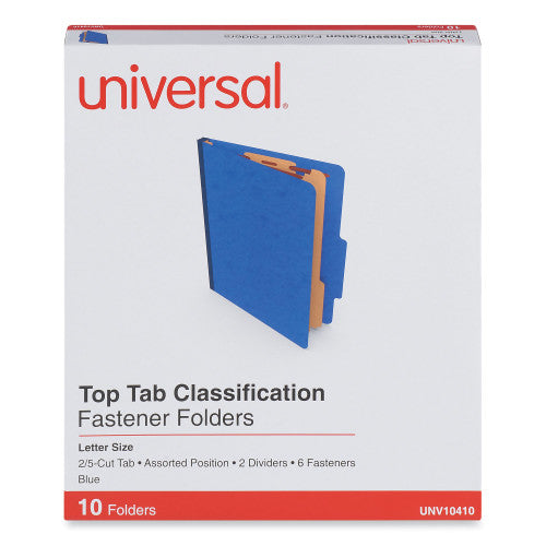 Universal Six-Section Pressboard Classification Folders, 2.5" Expansion, 2 Dividers, 6 Fasteners, Letter Size, Blue, 10/Box (UNV10410)