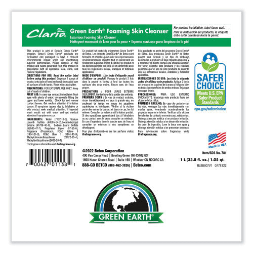 Betco Green Earth Foaming Skin Cleanser Refill, Fresh Meadow Scent, 1,000 mL, 6/Carton (7812900)