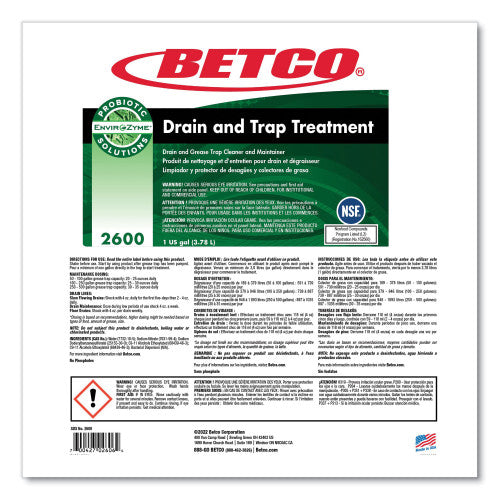 Betco BioActive Solutions Drain and Trap Treatment, Ocean Scent, 1 gal Bottle, 4/Carton (26000400)