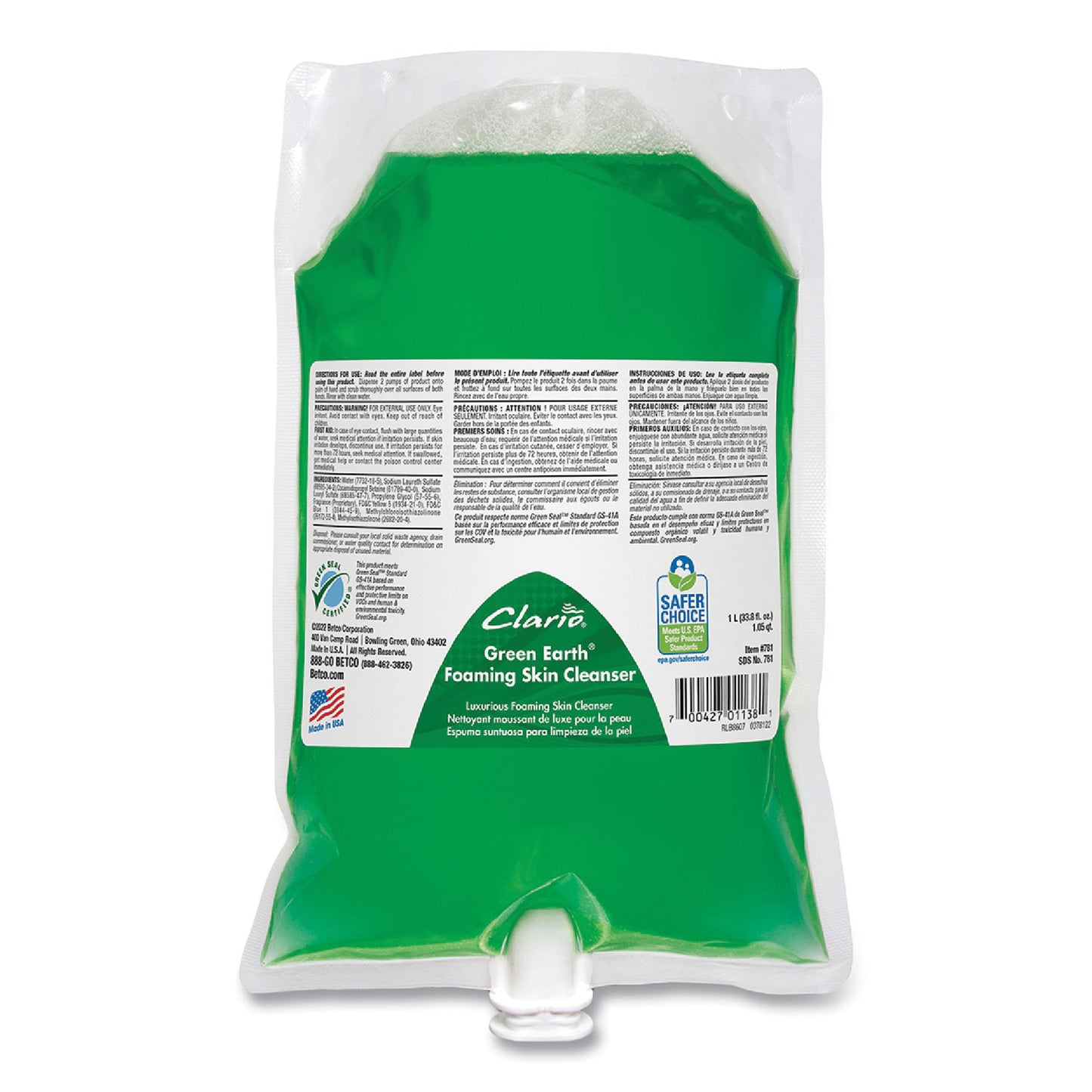 Betco Green Earth Foaming Skin Cleanser Refill, Fresh Meadow Scent, 1,000 mL, 6/Carton (7812900)