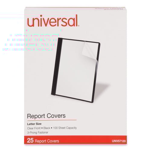 Universal Clear Front Report Cover, Prong Fastener, 0.5" Capacity, 8.5 x 11, Clear/Black, 25/Box (UNV57120)