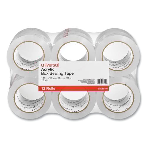 Universal Deluxe General-Purpose Acrylic Box Sealing Tape, 3" Core, 1.88" x 109 yds, Clear, 12/Pack (UNV66100)