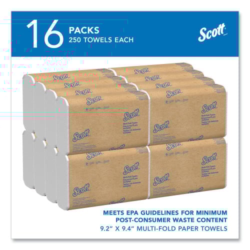 Scott Essential Multi-Fold Towels, Plus Tier, Absorbency Pockets, 1-Ply, 9.2 x 9.4, White, 250/Packs, 16 Packs/Carton (01804)