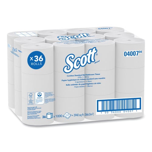 Scott Essential Coreless SRB Bathroom Tissue, Septic Safe, 2-Ply, White, 1,000 Sheets/Roll, 36 Rolls/Carton (04007)