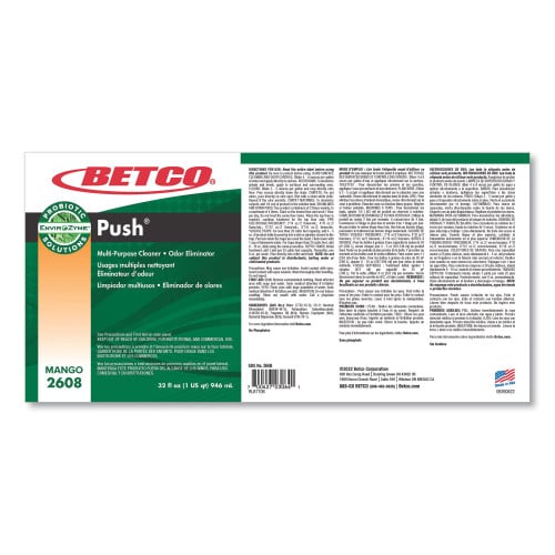 Betco PUSH All Purpose Cleaner and Odor Eliminator, Mango Scent, 32 oz Bottle, 12/Carton (26081200)