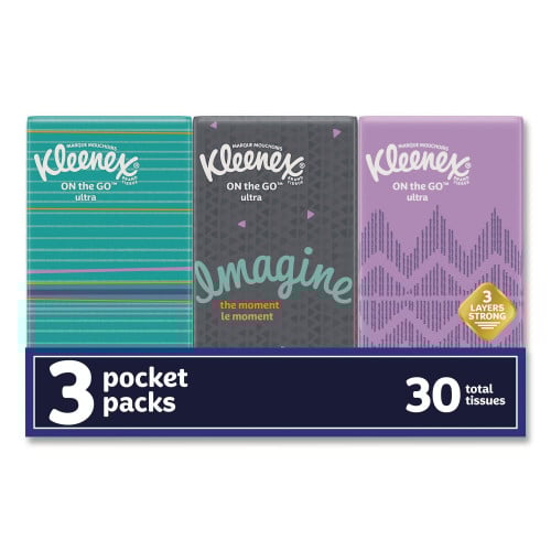 Kleenex On The Go Packs Facial Tissues, 3-Ply, White, 10 Sheets/Pouch, 3 Pouches/Pack, 36 Packs/Carton (11976)