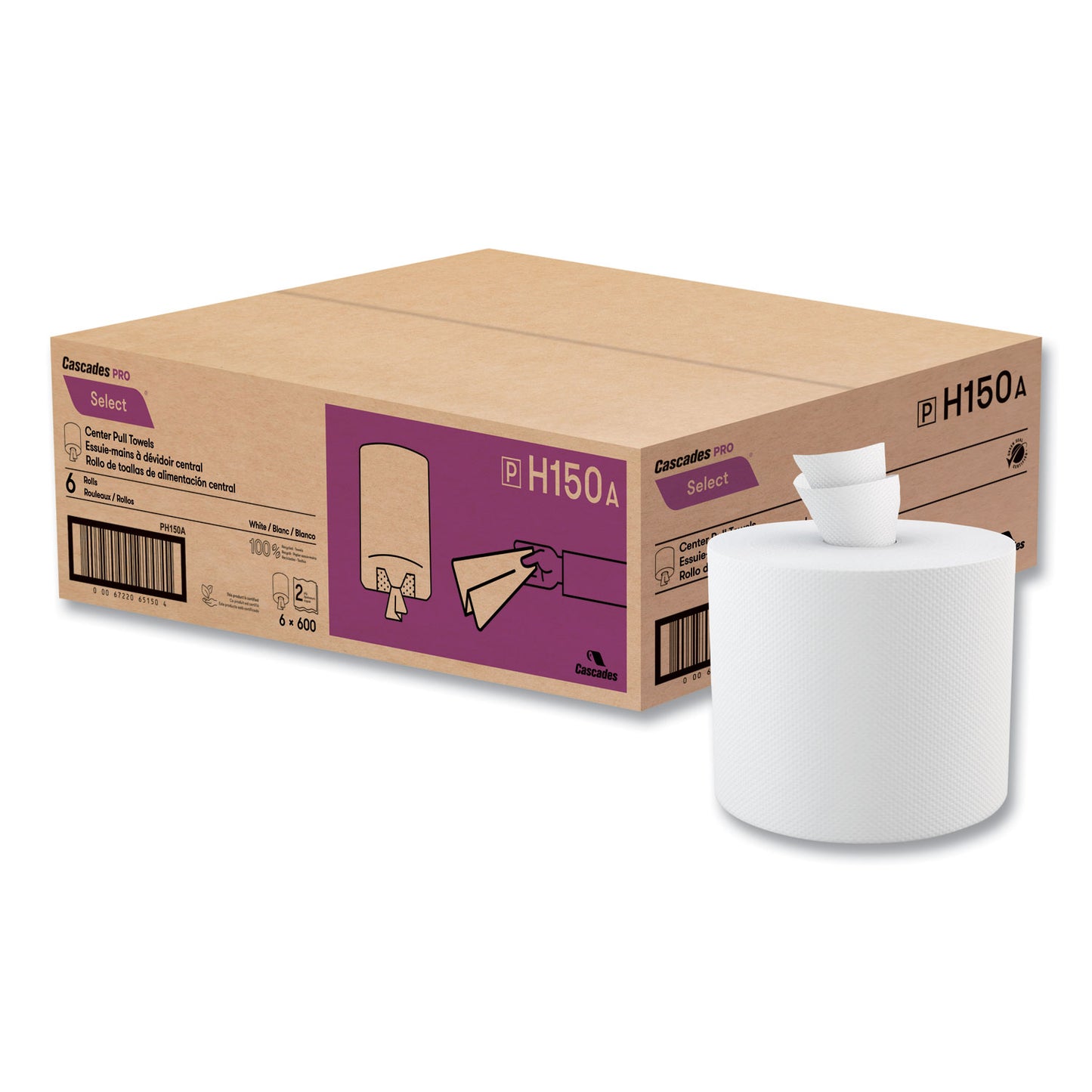 Cascades Select Center-Pull Paper Towels, 2-Ply, 7.31 x 11, White, 600/Roll, 6 Roll/Carton (H150)