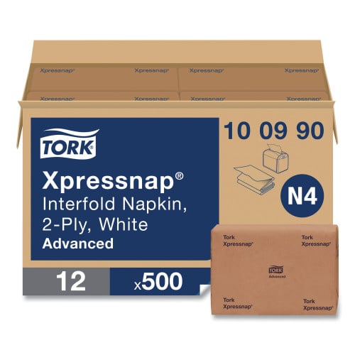Tork Xpressnap Interfold Dispenser Napkins, 2-Ply, 6.5 x 8.5, White, 500/Pack, 12 Packs/Carton (100990)