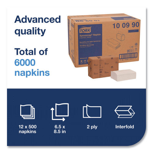 Tork Xpressnap Interfold Dispenser Napkins, 2-Ply, 6.5 x 8.5, White, 500/Pack, 12 Packs/Carton (100990)