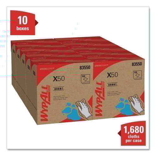 WypAll X50 Cloths, POP-UP Box, 12.5 x 9.1, White, 168/Box, 10 Boxes/Carton (83550)