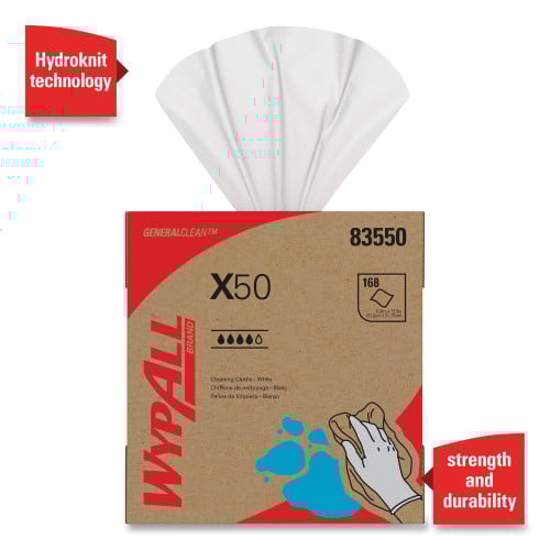 WypAll X50 Cloths, POP-UP Box, 12.5 x 9.1, White, 168/Box, 10 Boxes/Carton (83550)