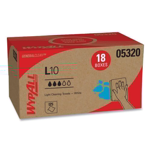 WypAll L10 Towels, POP-UP Box, 1-Ply, 9 x 10.5, White, 125/Box, 18 Boxes/Carton (05320)
