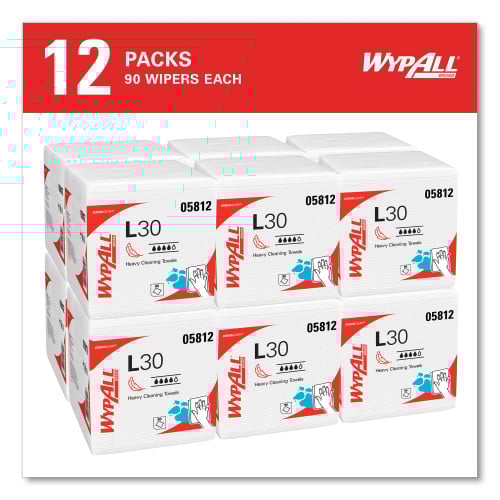 WypAll L30 Towels, Quarter Fold, 12.5 x 12, 90/Polypack, 12 Polypacks/Carton (05812)