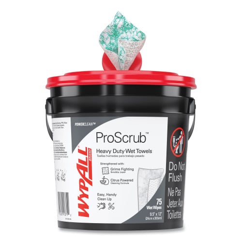 WypAll Power Clean ProScrub Pre-Saturated Wipes, 9.5 x 12, Citrus Scent, Green, 75/Bucket, 6 Buckets/Carton (91371CT)