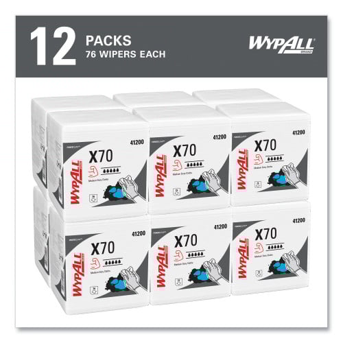 WypAll X70 Cloths, 1/4 Fold, 12.5 x 12, White, 76/Pack, 12 Packs/Carton (41200)