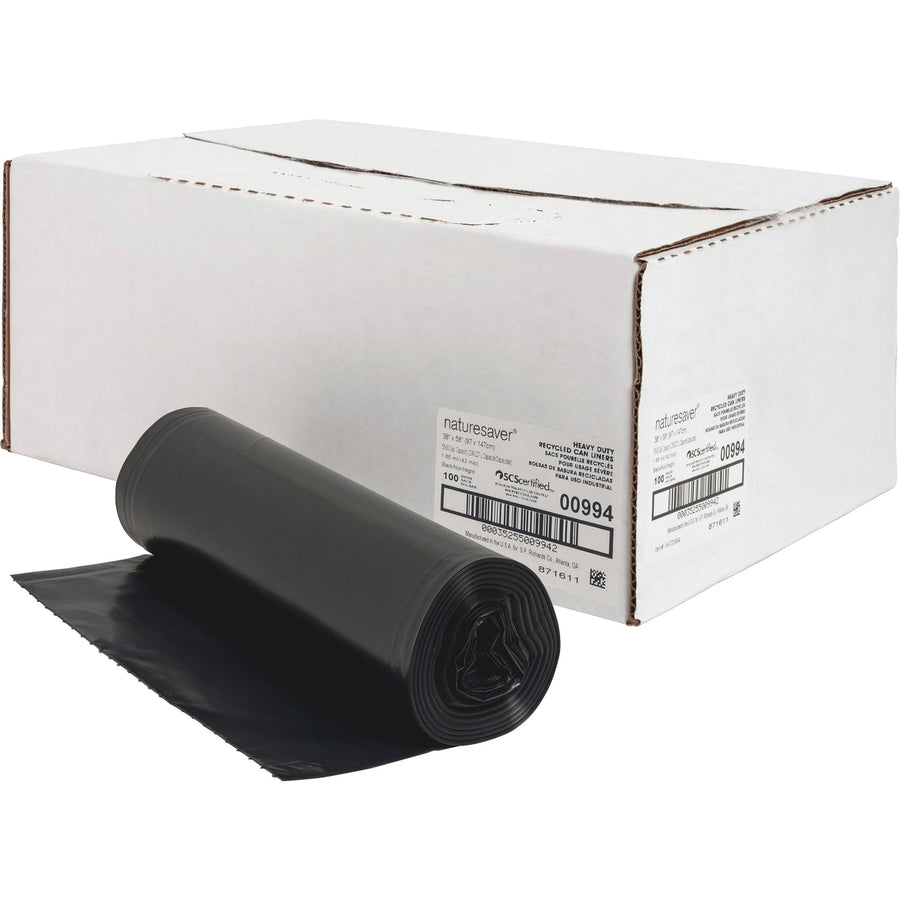 Nature Saver Black Low-density Recycled Can Liners Extra Large Size - 60 gal Capacity - 58" Length x 38" Width x 1.65 mil (42 Micron) Thickness - Low Density - Black - Plastic - Cleaning Supplies - Recycled - 100 / Carton (00994)