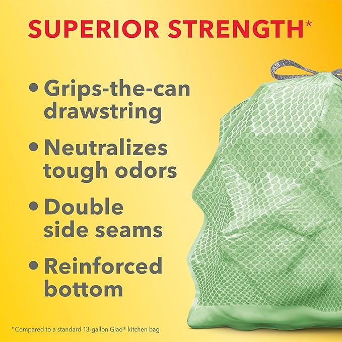Glad ForceFlex MaxStrength Tall Kitchen Drawstring Trash Bags, 13 Gallon, Sweet Citron Lime with Febreze Freshness, 34 Count, Package May Vary