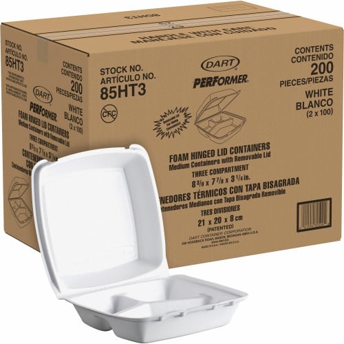 Dart Insulated Foam Hinged Lid Containers, 3-Compartment. 7.9 x 8.4 x 3.3, White, 200/Carton (85HT3)
