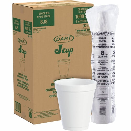 Dart Foam Drink Cups, 8 oz, White, 25/Bag, 40 Bags/Carton (8J8)