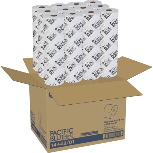 Pacific Blue Basic Standard Roll Toilet Paper 1 Ply - 3.90" Width x 4" Length - 1500 Sheets/Roll - White - 48 / Carton (1444801)