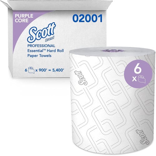 Scott Essential High Capacity Hard Roll Towel, 1-Ply, 8" x 950 ft, White, 6 Rolls/Carton (02001)